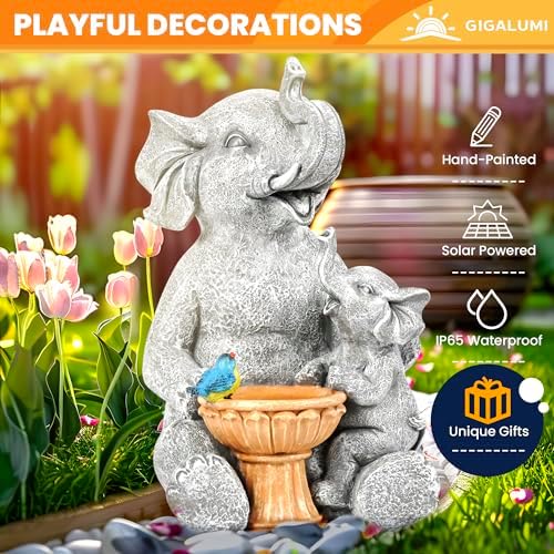 GIGALUMI Solar Garden Statues Bird Bath Elephant 9", Loving Elephant Decor, Yard Decorations Outdoor, Elephant Figurine Lights for Outside, Garden Decor Unique Housewarming Gifts for Women, Mom - Image 6