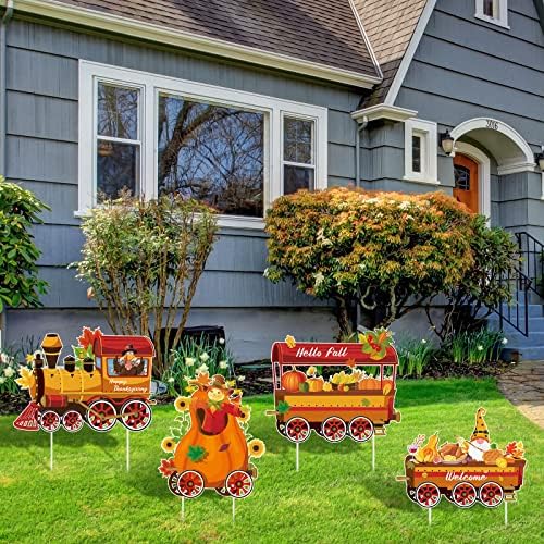 Weysat 4pcs Thanksgiving Yard Signs Train Outside Decoration Pumpkin Maple - Image 5