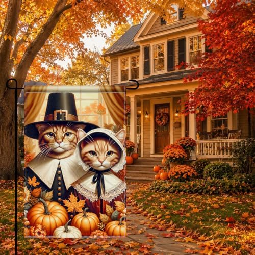 BlissYard Thanksgiving Garden Flag Pilgrim Cats Pumpkin 12x18 Inch Decor - Image 5