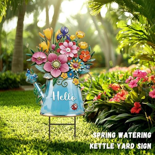 RattanView Summer Garden Decor for Outside, 26'' Decorative Garden Stakes Metal Watering Can with Flowers for Summer Decor Welcome Yard Signs for Outdoor Lawn Backyard Patio Porch Pathway - Image 4
