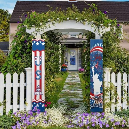 doginthehole 250th Anniversary USA Banner Set 12 x 71 Inch, Vertical Patriotic Hanging Banners, Statue of Liberty Eagle Porch Signs 4th of July Decorations Wall Porch Door Decor, Red White Blue - Image 3