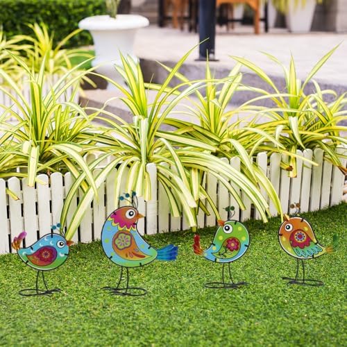 4 Pack Bird Garden Decor for Outside, Glass & Metal Yard Art Decoration for Porch Patio, Garden Statues Sculpture Gifts for Grandma Mom Women (Colorful) by DREAMSKIP