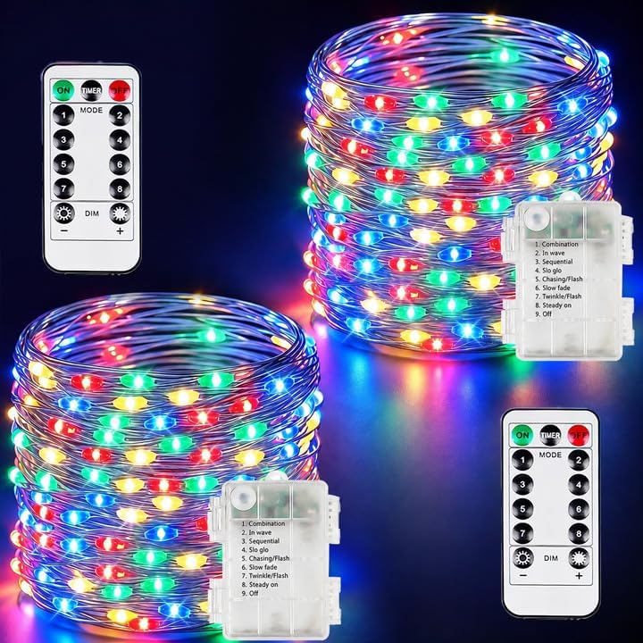 2 Pack 200 LED Fairy Lights Battery Operated with Remote, 66 FT Multicolor by BOSSERN