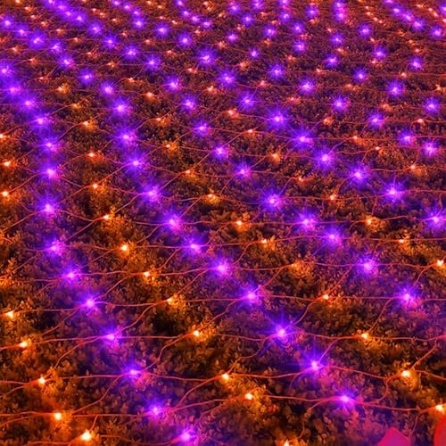 LJLNION Halloween Net Lights, 360 LED 12ft x 5ft Connectable Mesh Fairy String Lights, 8 Modes Low Voltage Safe Adaptor for Xmas Trees Bushes Wedding Outdoor Garden Yard Decorations, Orange & Purple - Image 2