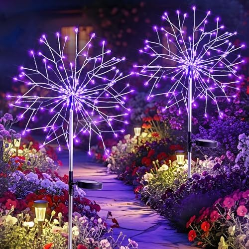 suddus 2 Pack Purple Halloween Lights Outdoor, 150LED Purple Solar Garden Lights with 8 Modes, Waterproof Solar Firework Light for Halloween Yard Garden Decorations by SUDDUS