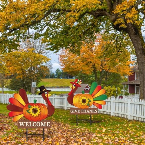 JarThenaAMCS 2 Pack Thanksgiving Fall Metal Garden Stakes Decorations Turkey Pumpkin Welcome Yard Sign for Autumn Harvest Outdoor Lawn Patio Walkway - Image 6