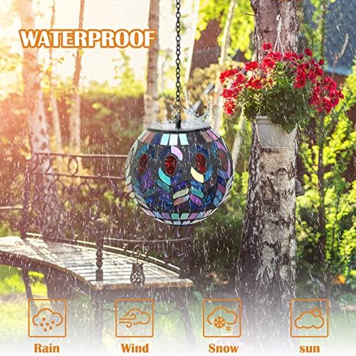 Mosaic Solar Lantern Outdoor Waterproof Glass Hanging Solar Lights, Black - Image 6
