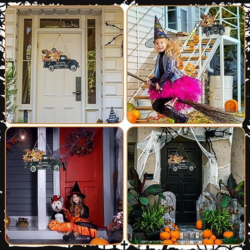 Huwena Halloween Welcome Door Sign Wood Vintage Rustic Hanging Decoration Halloween Horror Pattern Welcome Front Door Sign Wall Decoration for Indoor Outdoor Party(Truck Style) - Image 7
