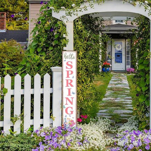 Hello Spring Porch Sign Watercolor Flowers Front Door Hanging Decorations Indoor Outdoor Wooden Vertical Standing Welcome Sign For Home Yard Farmhouse Holiday Decor 47 x 7.8 inch - Image 5