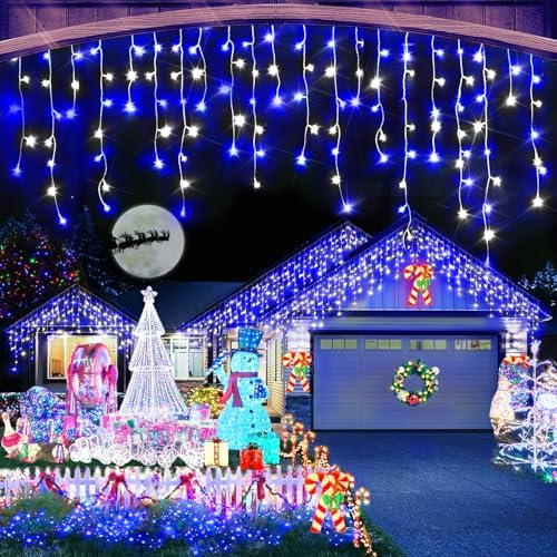 Christmas Lights Outdoor, 49FT 480 LED Ice Lights for Outside, 90 Drops Ice String Lights with 8 Modes, Waterproof Timer & Memory for Yard, Garden, Eaves, Patio, Party (Blue and Cool White) by Heceltt