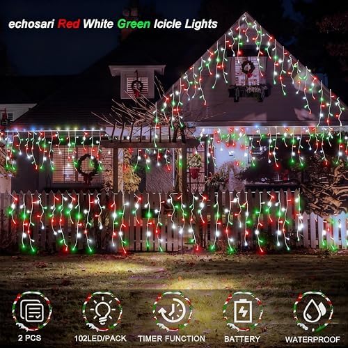 2 Pack Red White Green Christmas Icicle Lights Battery Operated, Total 204 LED Twinkle Icicle Lights 20Ft Clear Wire with 8 Lighting Modes Timer Function for Outdoor Indoor House Party Decoration - Image 4