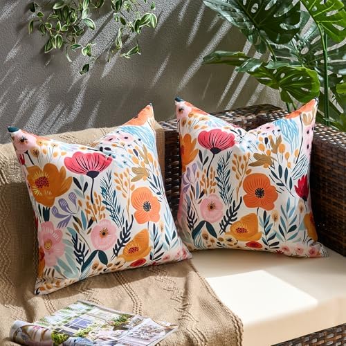 Spring Pillow Covers 18x18 Outdoor Pillow Covers Farmhouse Wildfloral Set of 2 Multicolor Orange and Pink Flowers Leaves Beauty Floral Blossom Garden Cushion Case Spring Decorations for Home Garden - Image 6