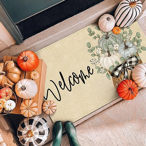 Fall Door Mat Outside,Pumpkin Eucalyptus Welcome Mat for Front Door,Thanksgiving Autumn Indoor Outdoor Non-Slip Rugs,Fall Doormat for Farmhouse Home Porch Decorations 30" x 17" - Image 4