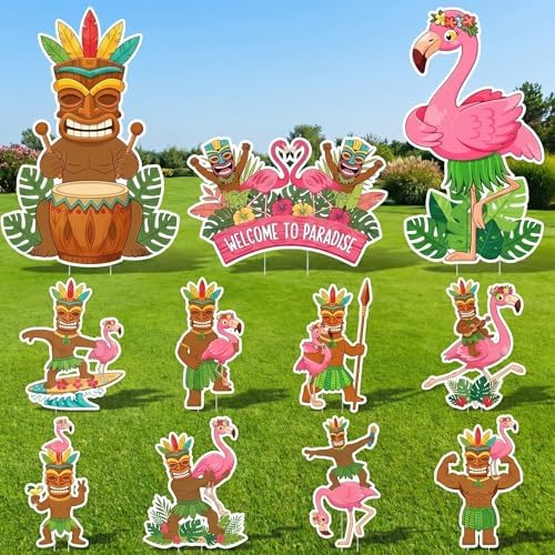 Kathfly 10 Pcs Summer Tiki Flamingo Yard Signs with Stake Outdoor Decor by Kathfly