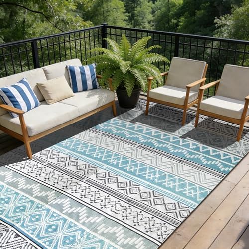 Outdoor Rug 8 x10 ft, Plastic Rug for Patio, Blue & Grey - Image 5
