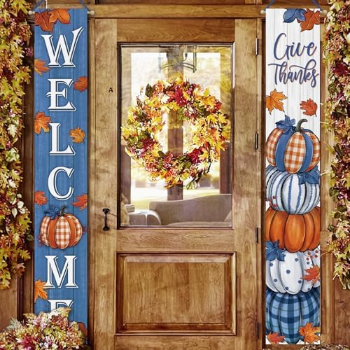 Deroro Welcome Fall Thanksgiving Pumpkin Porch Banner Sign, Blue Autumn - Image 4