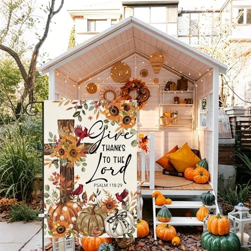 Baccessor Give Thanks To The Lord Garden Flag 12.5x18 Inch Double Sided,Cardinal Cross Thanksgiving Day Outside Outdoor Seasonal Burlap Pumpkin Flags Home Patio Front Yard Lawn Decoration - Image 2