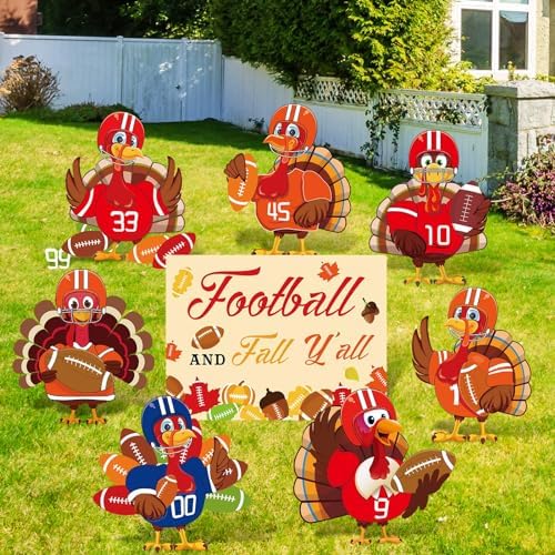 Whaline 8 Pcs Fall Football Turkey Yard Sign with Stakes Thanksgiving Turkey Theme Lawn Sign Sports Game Yard Decorations for Outdoor Autumn Party Lawn Garden Supplies by Whaline