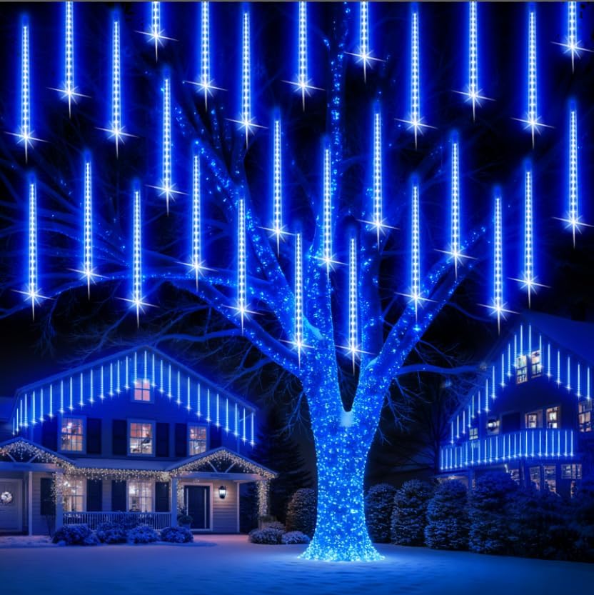 PEMOTech Christmas Lights Outdoor,24 Tubes 30cm 576 Led Meteor Shower Lights, Waterproof Christmas Decorations Icicle Light for Xmas Tree Halloween Party, Outdoor Christmas Decorations,Ul Plug,Blue by PEMOTech