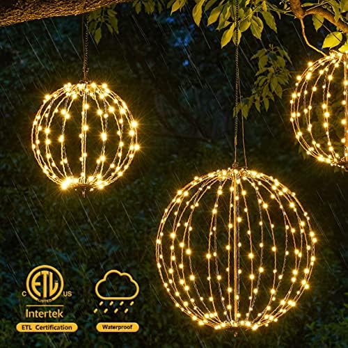 Hotelstar 96LED Foldable Light Sphere - 12IN Hanging, Pathway & Tree Light with Hook & Stake for Outdoor Garden, UL Listed, White Metal Frame, Warm White Light - Image 3