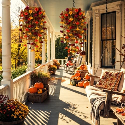 6 Pcs Fall Artificial Hanging Flowers Outdoor, 30 Inch Burgundy Brown Orange Yellow Morning Glory Vines UV Resistant Fake Hanging Plants Silk Flowers for Garden Porch Patio Window Box Decor - Image 6