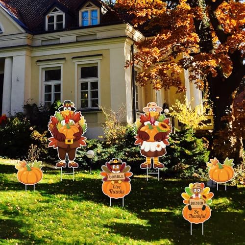 Thanksgiving Yard Decorations Outdoor, 6 Pcs Turkey Yard Signs for Thanksgiving Decorations Outside, Gooble Bless Give Thanks Be Thankful for Autumn Party Outdoor Lawn Garden Decor - Image 6