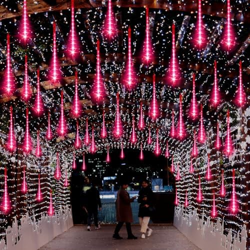 LAMPHOME Pink Lights for Valentines Day Decor,Christmas Lights Outdoor12-inch LED Meteor Shower Icicle Lights, 10 Tubes 240 LED Shower Rain Waterproof Plug for Xmas Tree Yard House - Image 3