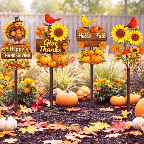 4 Pcs Thanksgiving Decors Outdoor Fall Metal Yard Stakes 15.7'' by Otoolling