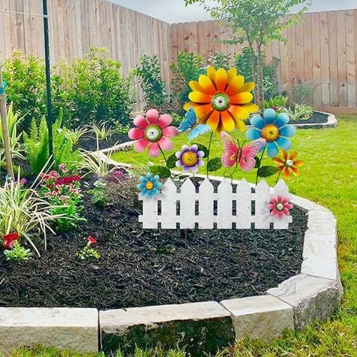 Colorful Flower Garden Stake with Butterflies & White Fence, Outdoor Yard Art Decor, Metal Floral Lawn Stakes for Garden, Patio, Flower Bed, Spring & Summer Outdoor Decoration - Image 5
