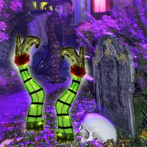 Juegoal Set of 2 Halloween Lighted Wicked Witch Legs with Stakes, 22" Light Up Tinsel Witch Prop, Halloween Yard Signs Timer & 8 Modes, Battery Operated for Outdoor Party Haunted House Garden Decor - Image 3