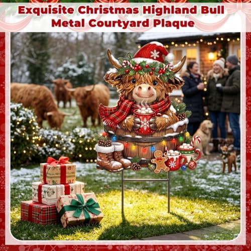 Amyhill Christmas Highland Cow Outdoor Decor Christmas Metal Yard Signs with Stakes Cow Gnomes with Santa Hat Decorative Lawn Sign for Indoor Outside Garden Pathway Walkway Xmas Party Decor - Image 2