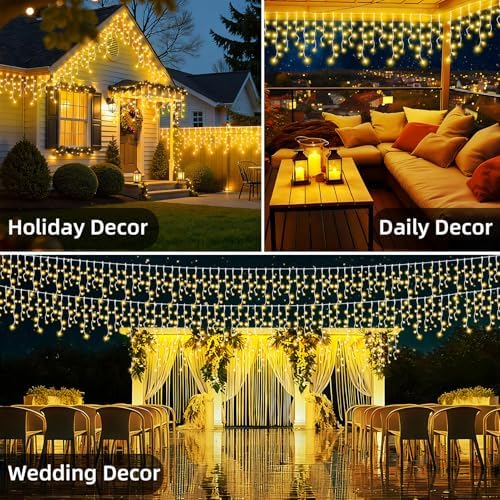 65 FT 640 LED Christmas Lights Outdoor Decorations Clear Wire String Lights Plug in 120 Drops 8 Modes Memory Timer Connectable Curtain Fairy Lights Waterproof for Holiday Wedding Party-Warm White - Image 3