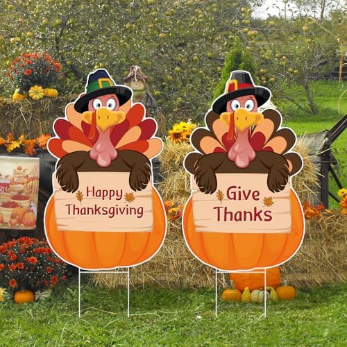 Thanksgiving Plastic Turkey Pumpkins Yard Signs 2pc with Stakes - Image 6