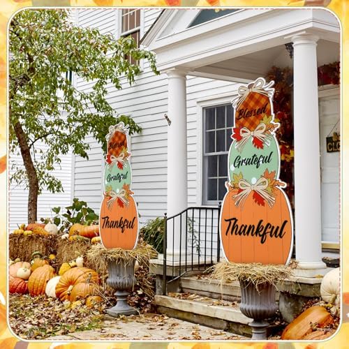 Thyle 2 Pcs Large Fall Front Porch Decoration Outdoor Pumpkin Porch Sign Yard Stake Outside Autumn Garden Stakes Harvest Welcome Decor Blessed Thankful Yard Signs for Front Door Garden Patio Lawn - Image 3