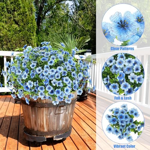 Sggvecsy Artificial Flowers for Outdoors 12 Bundles Realistic Faux Plants UV Resistant Fake Silk Daisy with Eucalyptus for Boxwood Planter Patio Porch Outside Spring Summer Decoration(Blue) - Image 3