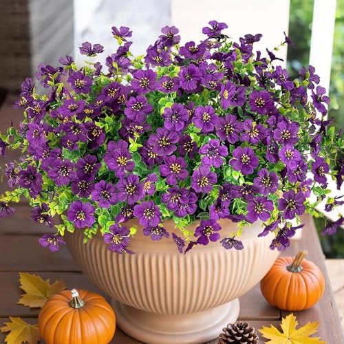 HyeFlora Artificial Flowers for Outdoor Indoor Garden Home Decoration, Faux Flower Daisy with Eucalyptus Leaves Fake Plants Greenery Boxwood Porch Patio, 12 Bundles (Purple 2) by HyeFloraartificialflowers