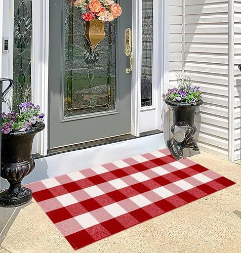Red and White Outdoor Rug 2'x4.3'Christmas Checkered Front Porch Rug - Image 7