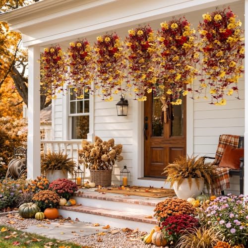 6 Pcs Fall Artificial Hanging Flowers Outdoor, Maroon, Yellow - Image 4