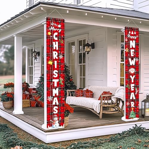 Christmas Decorations Outdoor, Merry Christmas Porch Banner, Buffalo Plaid Door Decoration, New Year Hanging Welcome Signs for Wall Front Door Yard Xmas Holiday Party Decor - Image 5