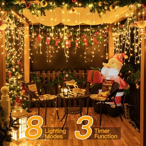 Ollny Icicle Lights for Outside 720LED 60FT, Warm White Christmas Lights with Remote 8 Modes Dimmable, Waterproof Connectable Timer Hanging Light for House Outdoor Yard Indoor Decorations - Image 3