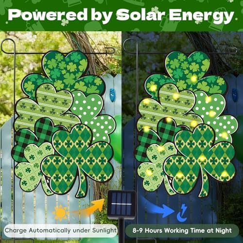 12 x 18 Inches Lighted St. Patrick’s Day Garden Flag – Double-Sided Clover Yard Flag with Warm LED Lights, Solar Powered Outdoor Decoration for Porch, Lawn, and Patio - Image 2