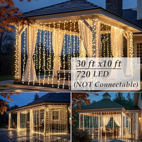Solhice LED Curtain Lights Outdoor 30ft x10ft, 720 LED Plug in Hanging String Lights Indoor, Twinkle Light Backdrop for Outside Wedding Bedroom Décor, Warm White (Not Connectable) - Image 3