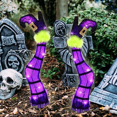 Juegoal Set of 2 Halloween Lighted Wicked Purple Witch Legs with Stakes, 22" Light Up Tinsel Halloween Yard Sign Prop Timer & 8 Modes, Battery Operated for Outdoor Party Haunted House Garden Decor - Image 5