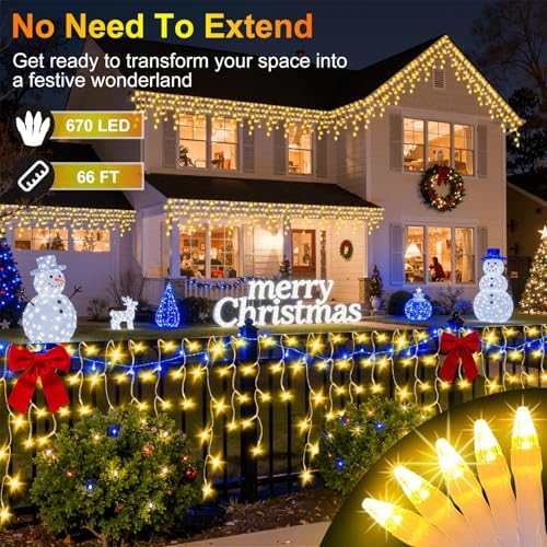 670 LED 66FT Christmas Icicle Lights, 148 Drops, 12 Modes, Warm White - Image 2