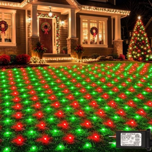 Lovelite 360LED Christmas Net Lights, 21ft x 5ft Mesh Lights Outdoor Green Wire 8 Modes Timer, Waterproof Connectable String Lights for Bushes Xmas Tree Garden Holiday Party Decor - Red Green by Lovelite