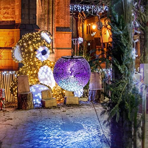 VCUTEKA Hanging Solar Lanterns Mosaic Crackle Glass Solar Lights, Purple - Image 7