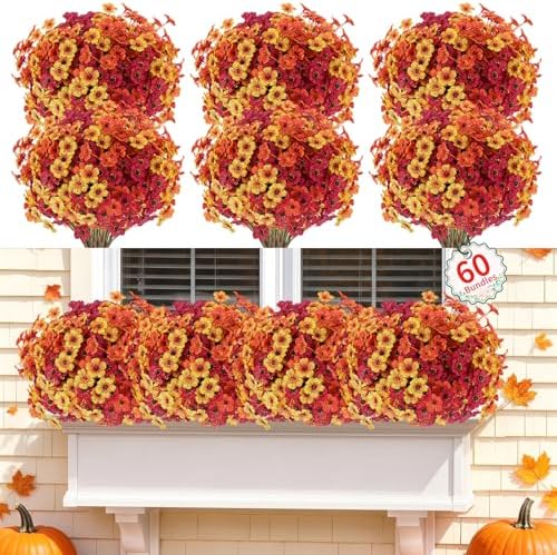 Powbrace 60 Pack Artificial Fall Flowers Mums for Outdoor Indoor (Fall Mix) by Powbrace