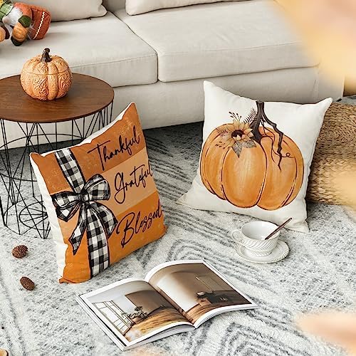 AVOIN colorlife Fall Pumpkin Home Sweet Home Throw Pillow Covers, 20 x 20 Inch Autumn Thankful Grateful Blessed Harvest Floral Orange Decorations for Sofa Couch Set of 4 - Image 3