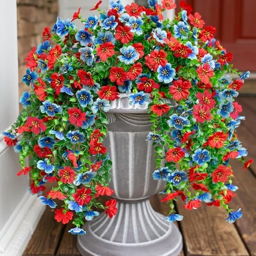 Artificial Faux Hanging Flowers Plants for Spring Outdoor Outside Decoration, 2 PCS Fake Silk Daisy with Eucalyptus UV Resistant Realistic Trailing Vines for Balcony Patio Porch (BlueRed) by INSPRING