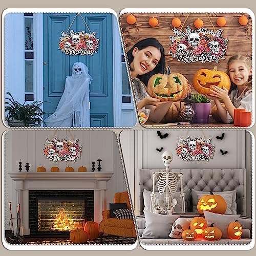 Huwena Halloween Wreaths for Front Door Sign Wooden Skull Rose Door Hanger Decoration Horror Skeleton Welcome Front Wreath Sign for Halloween Indoor Outdoor Decorations Party Supplies - Image 6
